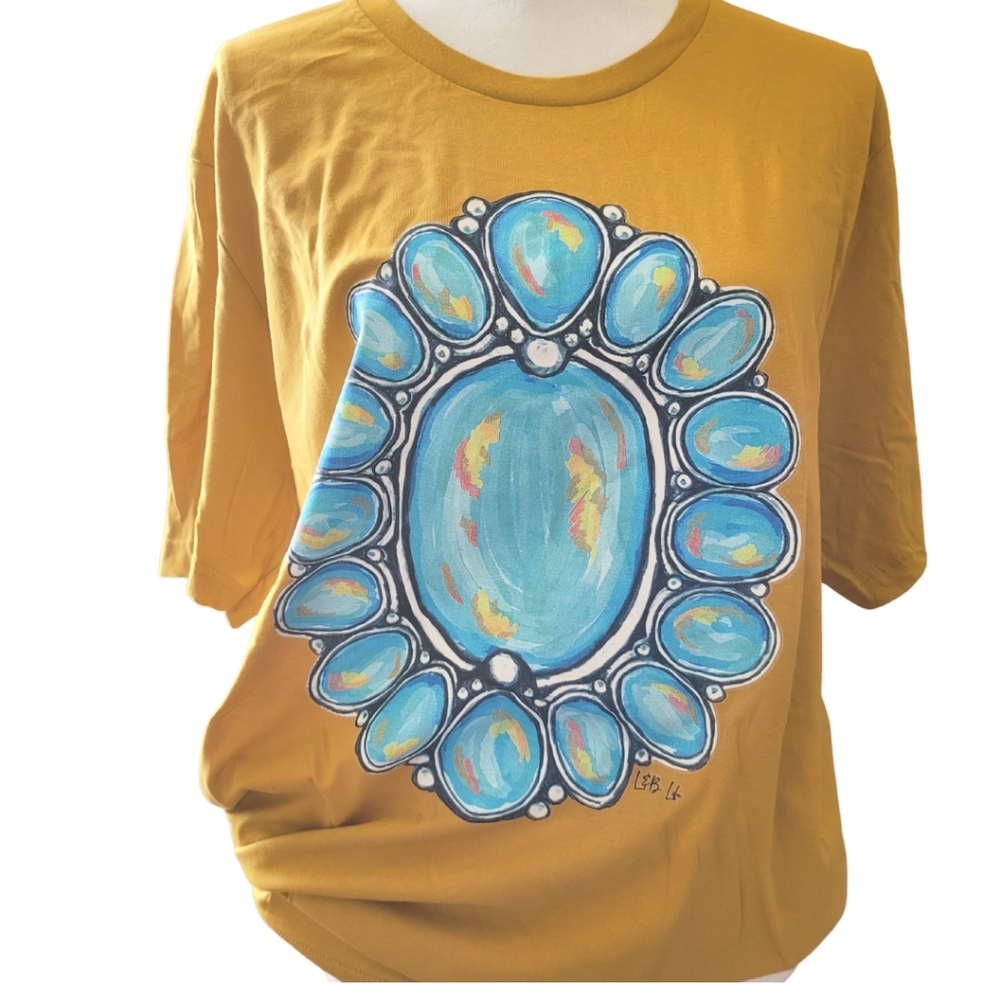 COPY - L&B Life Mustard color basic graphic tee with Turquoise blue design. Sz …